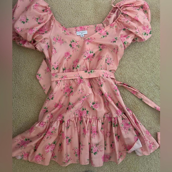 LoveShackFancy Dresses & Skirts - LoveShackFancy pink floral mini dress puff sleeve belt tiered ruffle v neck